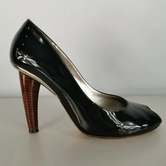 D&G Dolce Gabbana Black Patent Leather Open Toe Shoes High Heel 38 UK 5 RRP £242 - Picture 4 of 9